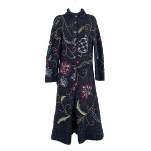Relais Floral Embroidered Long Cardigan Sweater Coat Duster Button Down